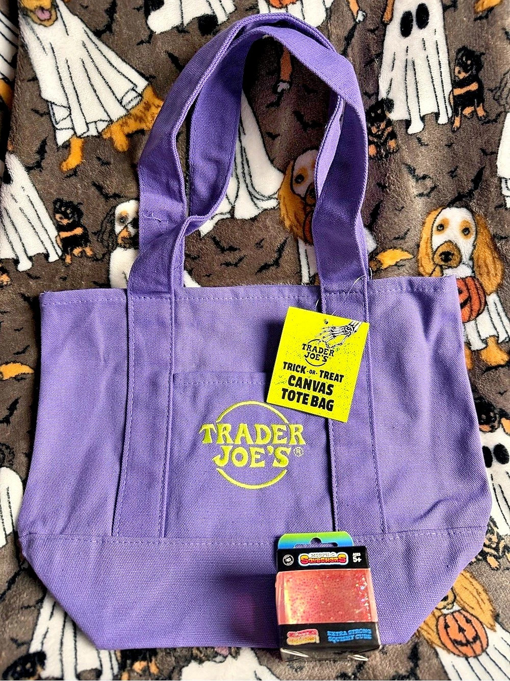 2026 Trader Joe's Trick-or-Treat Canvas Tote Bag Purple New plus Squasher Squish